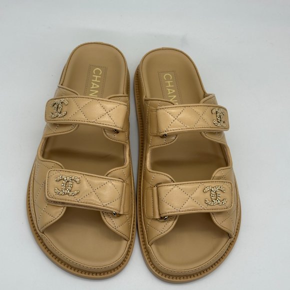 CHANEL 24P 2024 Quilted Leather CC Logo Flat Slide Dad Sandals Shoes Beige - Picture 7 of 16